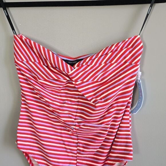 NWT Forever 21 are White & Blue Striped Summer Coastal Cute Strapless Bodysuit  - Picture 3 of 8